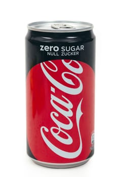 HUETTENBERG, GERMANY - JUNE 7, 2018: Cans of Zero Sugar Coca-Cola isolated on white. Coca-Cola is a carbonated soft drink sold in stores, restaurants, and vending machines throughout the world.