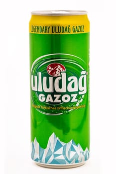 HUETTENBERG, GERMANY,19 JULY 2018: Can of Uludag Gazoz legendary turkish Lemonade on white background.