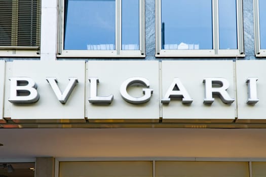 Wiesbaden, Germany - June 03 2018: BVLGARI logo on a facade. Bvlgary is a famous brand clothes store