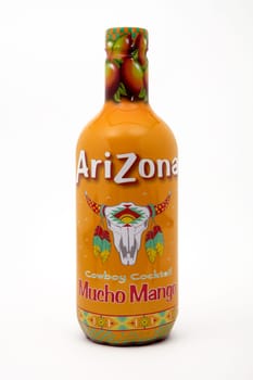 HUETTENBERG, GERMAN, HESSEN - JUNE 07, 2018: Plastic bottle of Arizona Fruit Mango tea soft drink on white background