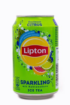 HUETTENBERG, GERMANY- July 6, 2018: Aluminium can of the Lipton Ice Tea isolated over white background.