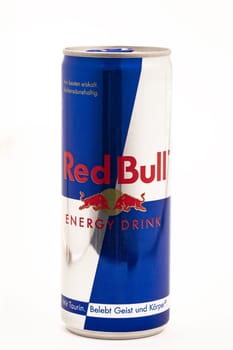 HUETTENBERG, GERMANY - JULY 19 2018: Can of Red Bull Energy Drink on white background