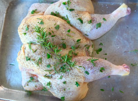 Overhead view of raw chicken butterflied and seasoned with fresh herbs