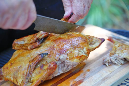 A man cuts leg of roast duck outdoors.