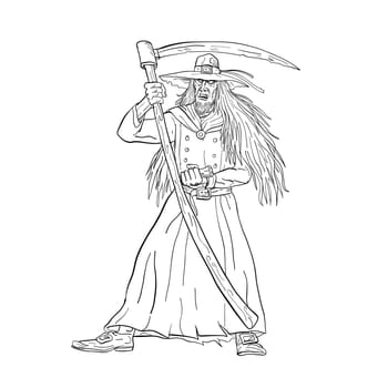Drawing sketch style illustration of Ankou, henchman of Death, keeper of lost souls and graveyard watcher in Breton mythology with scythe like Grim Ripper on isolated background in black and white.