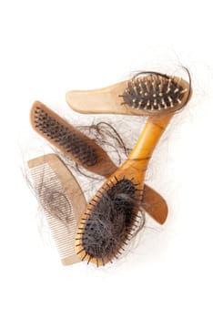 Collection set of brushes with lost hair on it, isolated on white background.