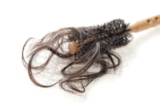 Hairloss problem. Brush with lost hair on it, isolated on white background.
