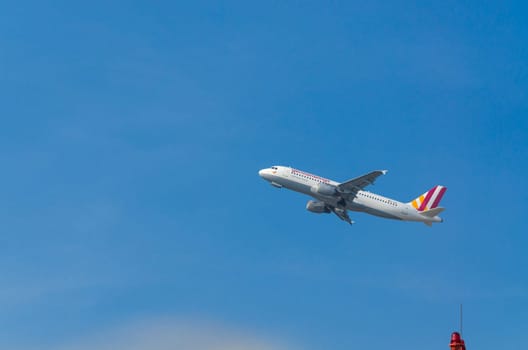DUESSELDORF, NRW, GERMANY - MARCH 18, 2015:  German Wings Airbus A320-200 during startup on the Duesseldorf airport.