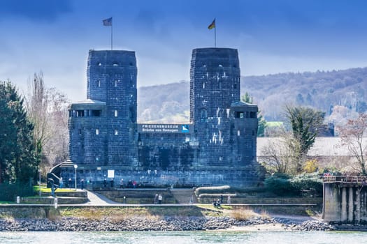 ERPEL, GERMANY - MARCH 27, 2016:.Ruin the Ludendorff Bridge at Erpel am Rhein in Germany.Towers of the Remagen bridge are located on the opposite bank of the city Erpel am Rhein in Germany.