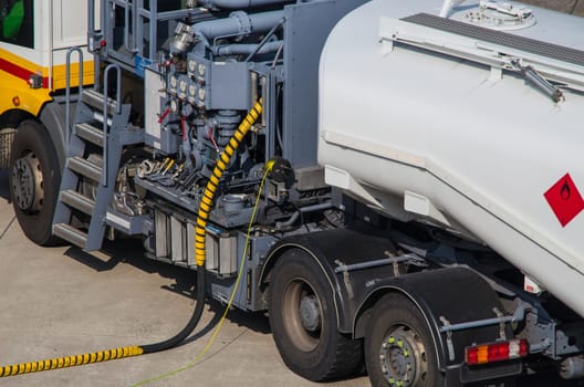 DUESSELDORF, NRW, GERMANY - MARCH 18, 2015: Aviation fuel truck on during refueling of an aircraft at Duesseldorf Airport in Germany.