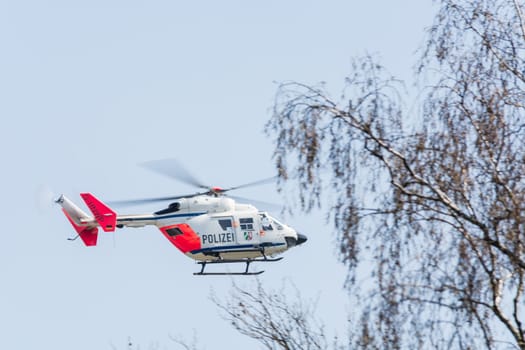 ESSEN, NRW, GERMANY - APRIL 11, 2016:.German police, rescue helicopter landing  to a police operation..