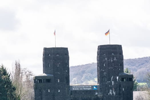 ERPEL, GERMANY - MARCH 27, 2016:.Ruin the Ludendorff Bridge at Erpel am Rhein in Germany.Towers of the Remagen bridge are located on the opposite bank of the city Erpel am Rhein in Germany.