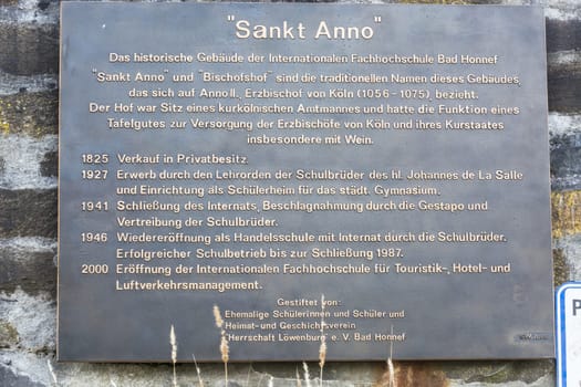 BAD HONNEF, GERMANY - MARCH 27, 2016:.Memorial plaque at the former school St Anno school brothers in Bad Honnef in Germany on the Rhine.