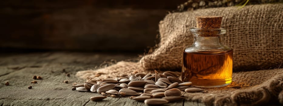 Sunflower oil extract in small bottle on wooden table, Generative AI, food