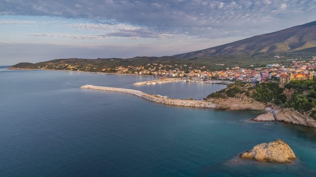 aerial view of Limenaria town and port at Thassos island, Greece