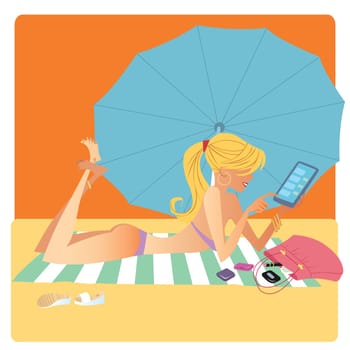 Beautiful blonde girl in summer in bikini on beach Mat deals on the smartphone side is a beach umbrella