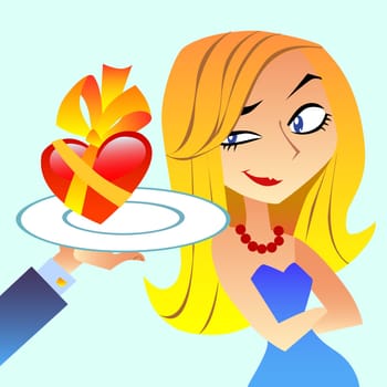 Heart as a gift on a plate, woman slyly looks, the way romantic