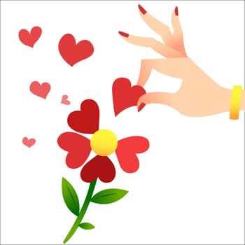 Guessing about love on the petals. A womans hand lifts the heart petals