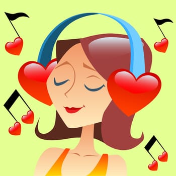 Girl listening to music with headphones in the form of a red heart flying around notes