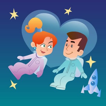 A couple in love, man and woman astronauts in space on the background of hearts next to them a space ship
