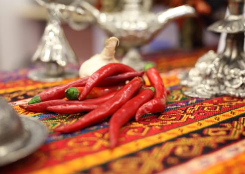 A group of chili pepper on a Turkish traditional cloth