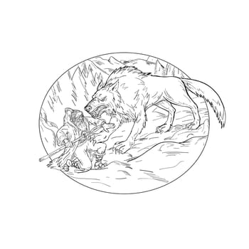 Drawing sketch style illustration of Norse god, Odin, god of wisdom and war, being attacked by Fenrir, a monstrous wolf in Norse mythology set inside oval shape a on isolated white background.