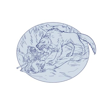 Drawing sketch style illustration of Norse god, Odin, god of wisdom and war, being attacked by Fenrir, a monstrous wolf in Norse mythology set inside oval shape a on isolated white background.