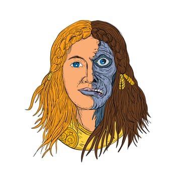 Drawing sketch style illustration of face of Hel, a goddess in Norse mythology, with face half skeleton and half flesh with  gloomy, downcast appearance viewed from front on isolated white background in color.