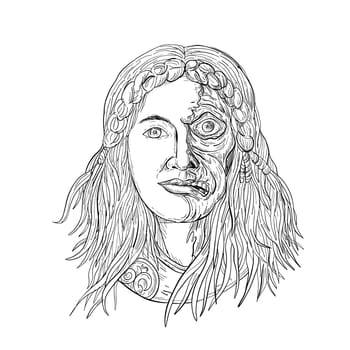 Drawing sketch style illustration of  face of Norse goddess, Hel with face half skeleton and half flesh with  gloomy, downcast appearance viewed from front on isolated white background in black and white.