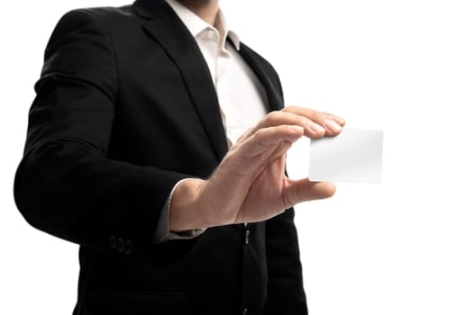Businessman showing blank business card standing isolated over white background