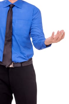 Businessman in formal wear standing with open palm for holding or showing something isolated over white background