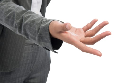 Businesswoman standing with open palm isolated over white background. Showing something or offer shake hands