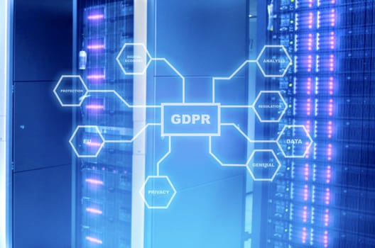 GDPR protection structure on virtual screen with modern storage of server on the data center on the background. Cyber security and privacy. General Data Protection Regulation (GDPR) concept