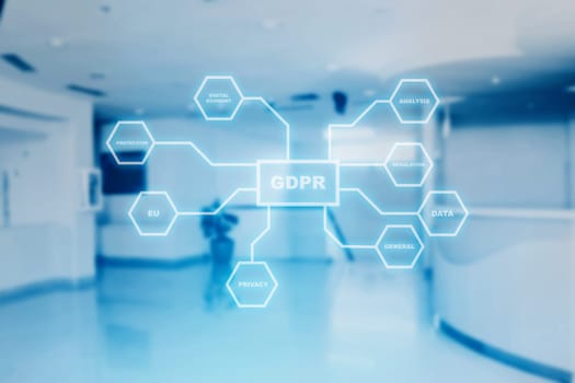 GDPR protection structure on virtual screen with office room background. Cyber security and privacy. General Data Protection Regulation (GDPR) concept