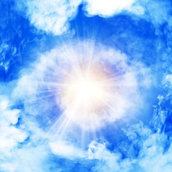 White smoke with bright light on blue background