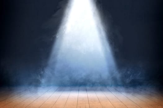 Room with wooden floor and smoke with light from the top against dark wall background