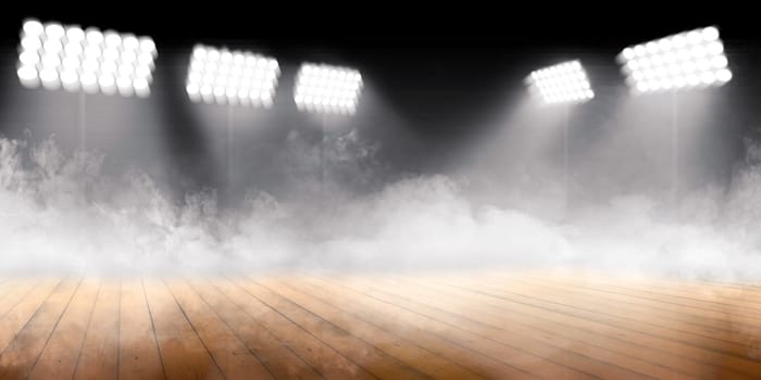 Sports arena with wooden floor with smokes and spotlights against dark background