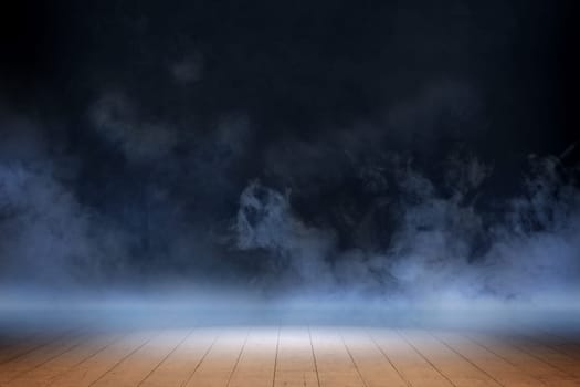 Room with wooden floor and smoke with dark wall background