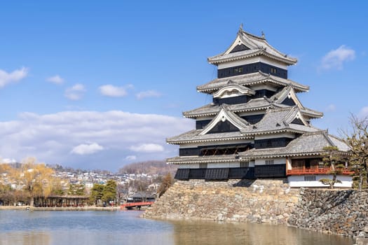 Matsumoto castle against blue sky in Matsumoto city in Nagano in Winter. Matsumoto Castle is an old historic castle in japan, its nickname is Crow Castle.
