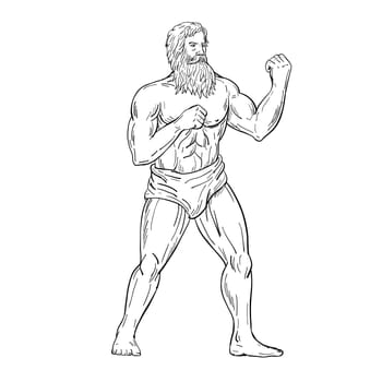 Drawing sketch style illustration of a bearded vintage boxer with full beard, with fists on chest ready to fight in boxing fighting stance on isolated white background in black and white.