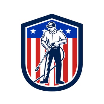 Illustration of male worker with pressure washer chemical washing using high-pressure water spray with USA American stars stripes flag set inside shield done in retro woodcut style.