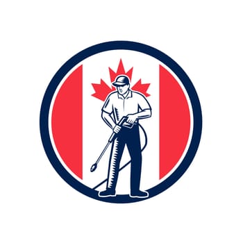 Illustration of a Canadian worker with pressure washer chemical washing using high-pressure water spray with Canada maple leaf flag set inside circle done in retro woodcut style.
