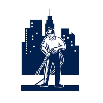Illustration of male worker with pressure washer chemical washing using high-pressure water spray with urban buildings and cityscape in background done in retro woodcut style.