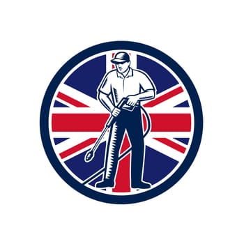 Illustration of British worker with pressure washer chemical washing using high-pressure water spray with UK United Kingdom Union Jack flag set inside circle done in retro woodcut style.