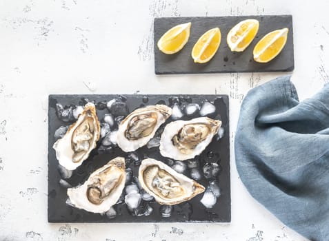 Raw oysters on the slate board flat lay