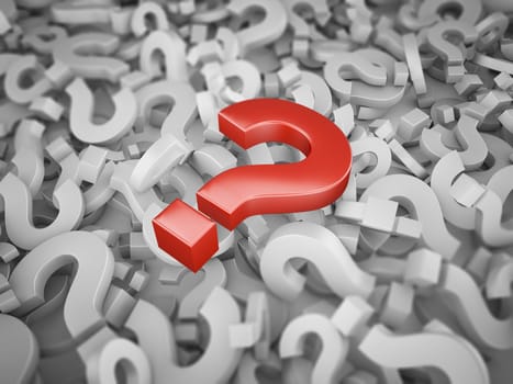 Red question mark on a pile of other signs. 3d render