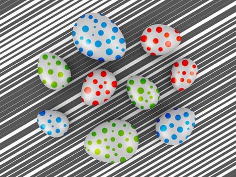 Eggs with colored circles on a background of black stripes. 3d render