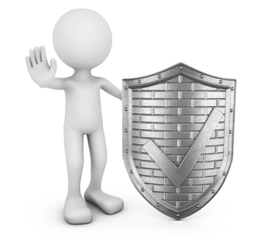 Faceless man and Metal shield with a check mark. 3D visualization