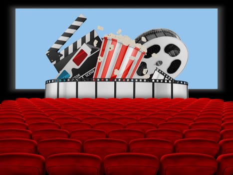 Cinema hall with popcorn and film. 3d render