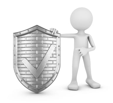 Faceless man and Metal shield with a check mark. 3D visualization